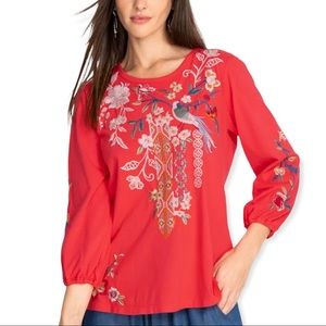 JOHNNY WAS Ellia Embroidered Tee Hawaiian Fruit Cotton Jewel Neck Puff Sleeve